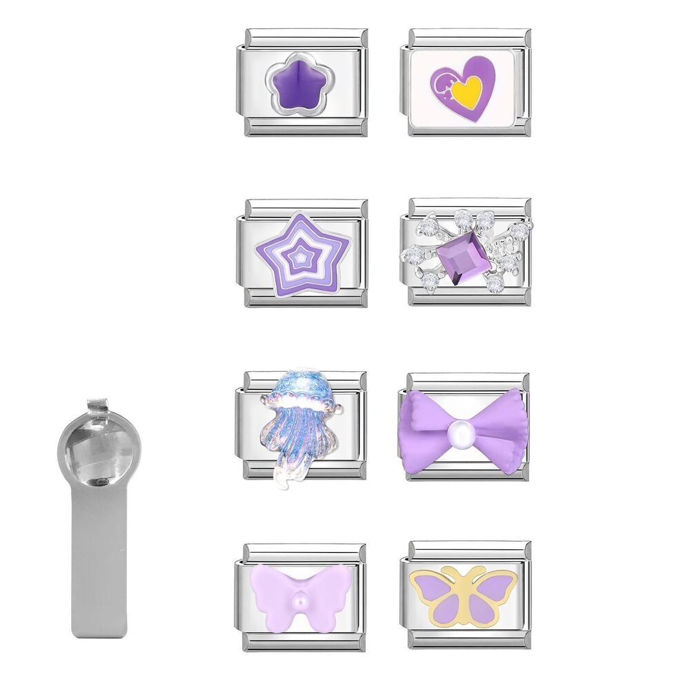 2022 Italian Charms, Only Charm Purple Set Flower Butterfly 9mm Italian